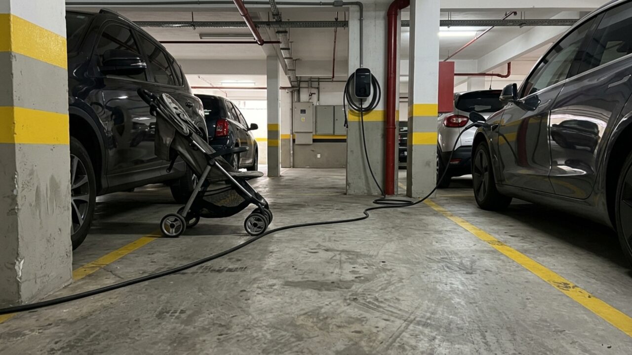 Condômino instala carregador para o carro elétrico e deixa o cabo atravessando a vaga de outra moradora, que precisa passar por cima dele todos os dias