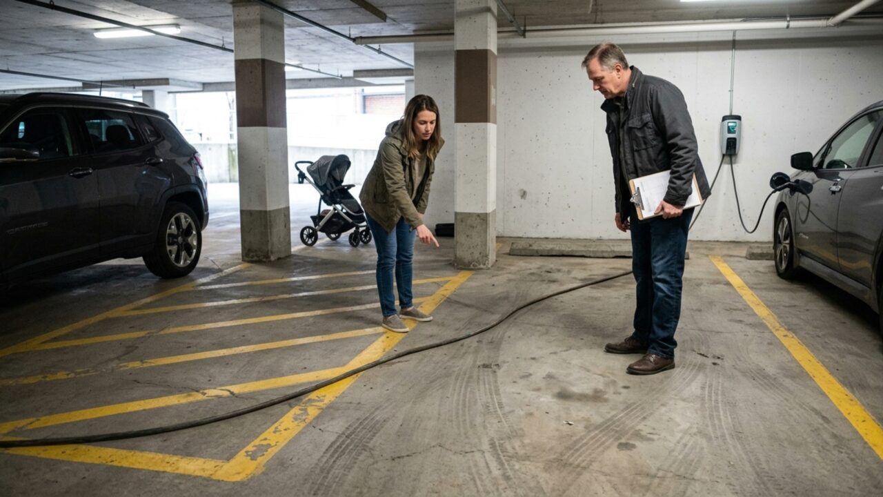 Condômino instala carregador para o carro elétrico e deixa o cabo atravessando a vaga de outra moradora, que precisa passar por cima dele todos os dias