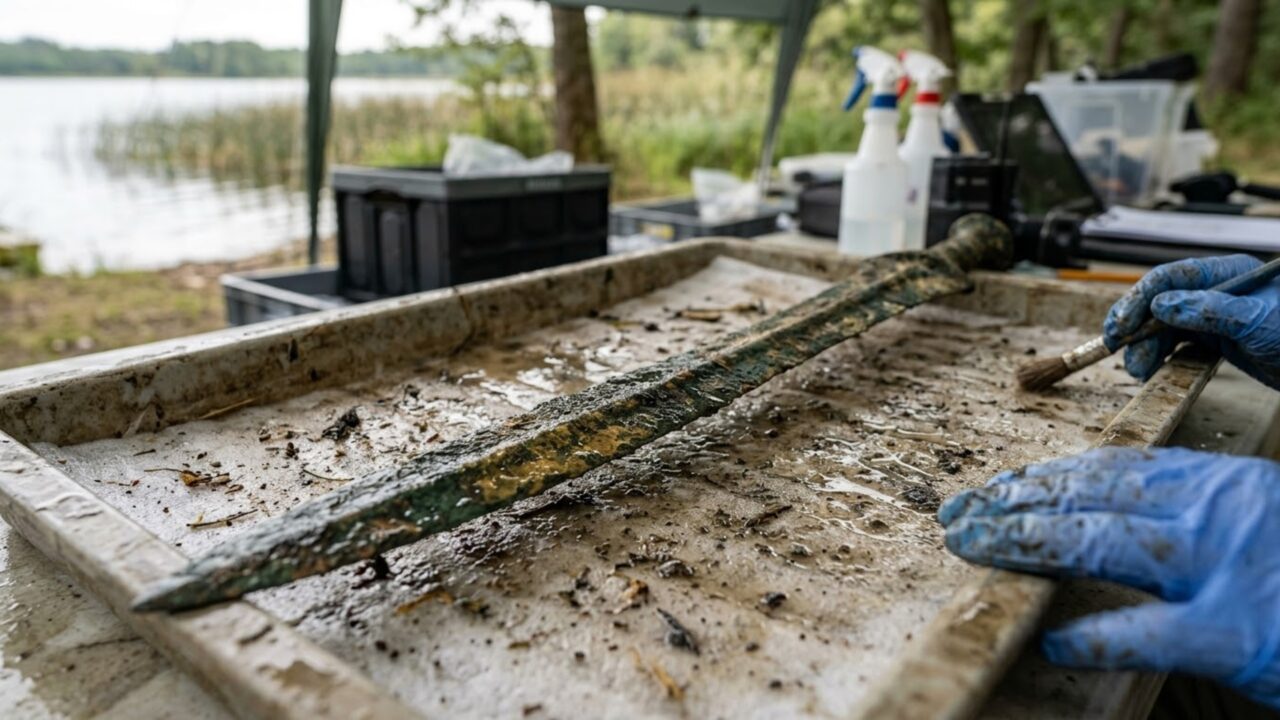 Arqueólogos encontram uma espada de 3.300 anos no fundo de um lago vulcânico. Seu estado de conservação e fio desafiam a passagem do tempo