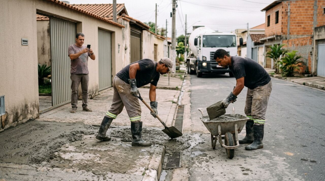Morador encomenda concreto usinado para construir uma laje e descobre que o caminhão descarregou parte da mistura no acesso do terreno vizinho após confundir as entradas