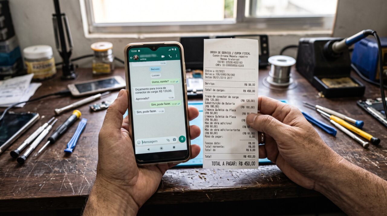Cliente aprova um conserto simples, volta para buscar o aparelho e encontra uma conta quase três vezes maior por peças adicionadas durante o serviço