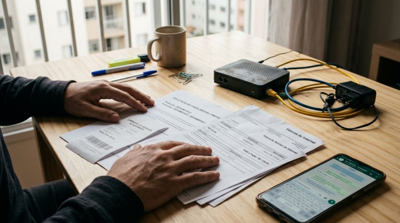 Cliente cancela a internet antes de mudar de casa, entrega o modem e continua recebendo faturas por três meses, mas o protocolo de atendimento e o recibo do equipamento mostram que a operadora registrou apenas parte da solicitação