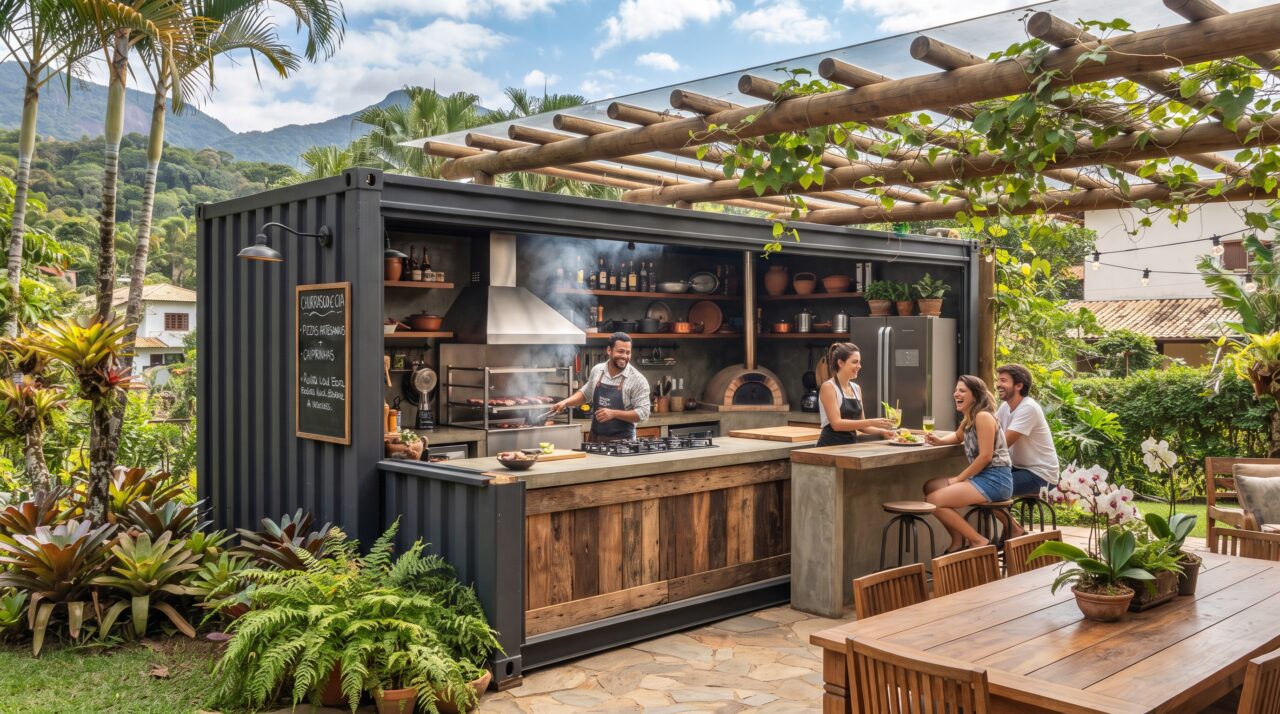 Custo e estrutura para montar uma cozinha gourmet de quintal em contêiner.