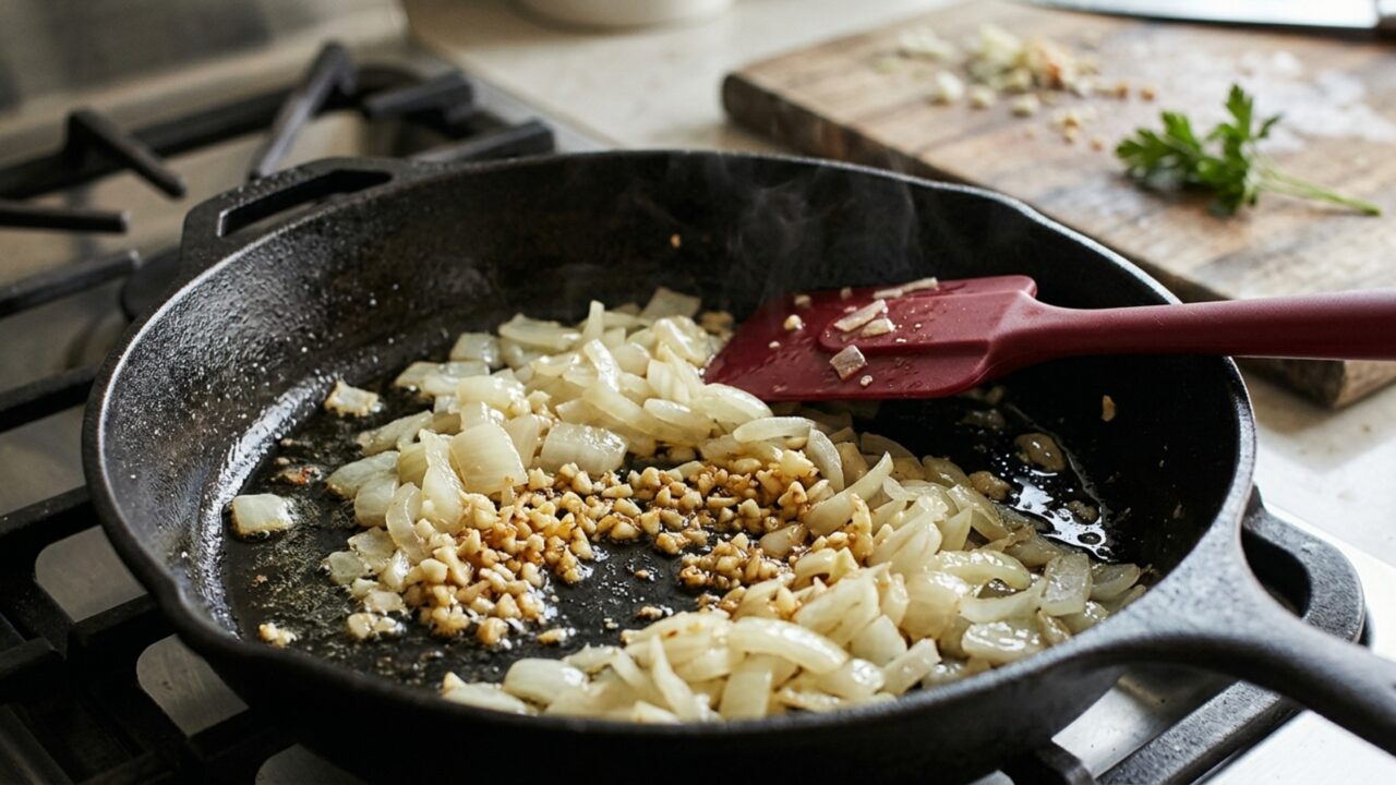 O alho entra poucos minutos depois da cebola em muitas cozinhas porque os dois ingredientes não precisam do mesmo tempo para chegar ao ponto certo