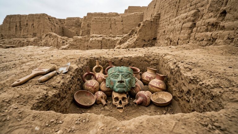 Uma criança foi enterrada com mais de 30 peças e uma máscara metálica aos pés de um grande templo Moche