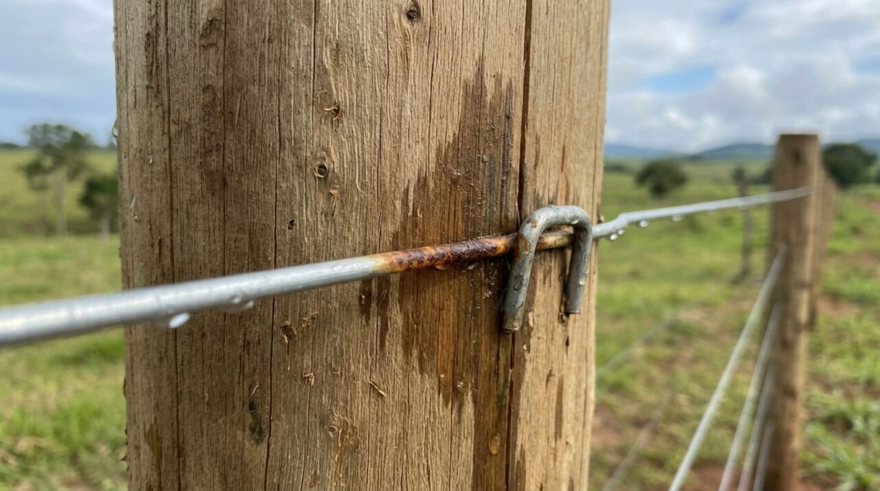 Pecuarista cerca um novo pasto com arame galvanizado e, antes de completar um ano, percebe corrosão concentrada justamente nos pontos que ficam encostados nos mourões