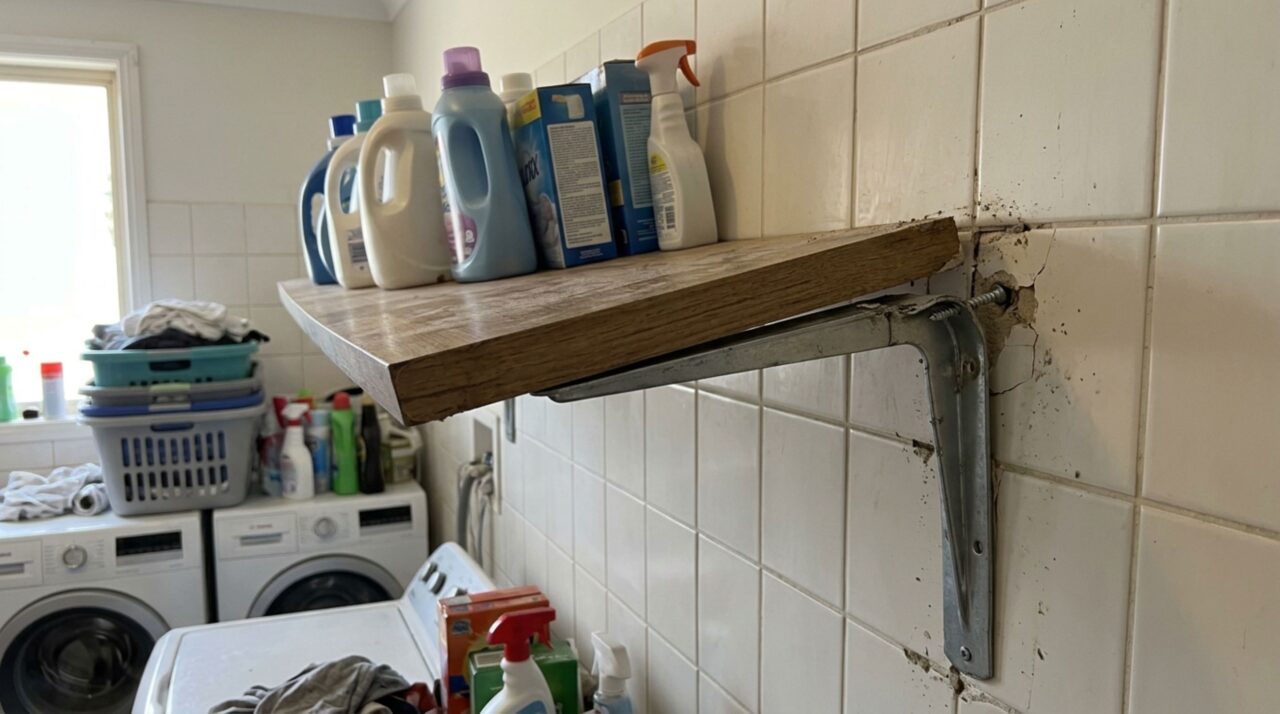 Família prende uma bancada suspensa na lavanderia e, depois de enchê-la com produtos, percebe que os parafusos foram colocados numa parede sem apoio suficiente para a carga