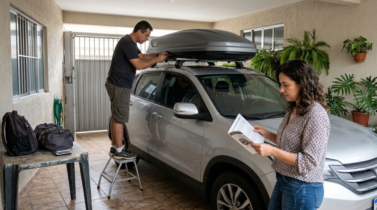 Família prende malas e uma caixa grande sobre o teto do carro para viajar nas férias e descobre que a bagagem externa precisa respeitar regras de fixação, peso e dimensões