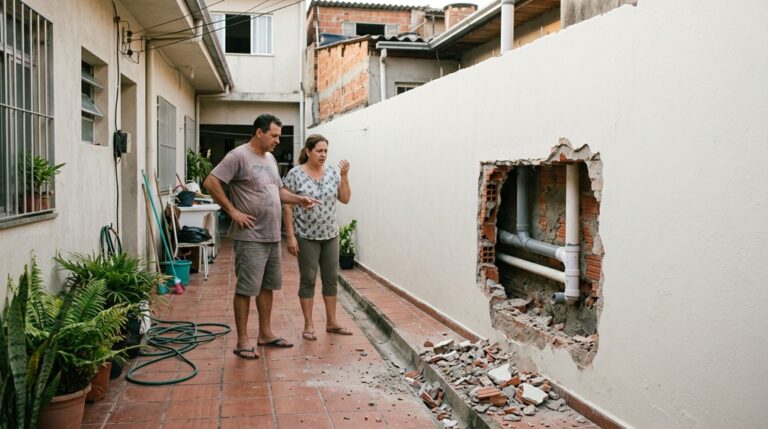 Casal descobre que o vizinho derrubou o muro recém-reformado para instalar canos de esgoto e, ao cobrar a reconstrução, recebe proposta de fechar apenas a abertura com acabamento simples