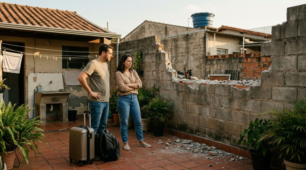 Casal passa o feriado fora e encontra o muro divisório mais baixo porque o vizinho quis aumentar a ventilação, exige a altura anterior e cobra solução para a perda de privacidade