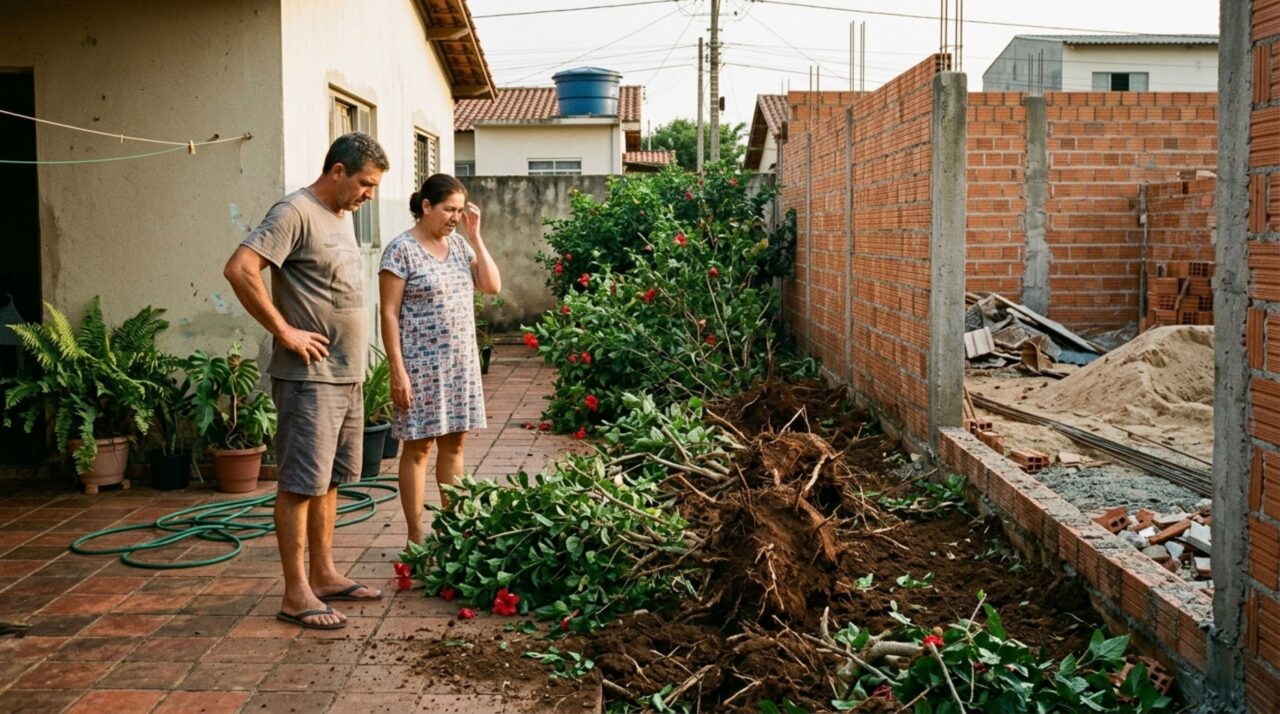 Após passar o fim de semana fora, casal retorna e encontra a fileira de hibiscos da divisa arrancada para o vizinho construir um muro, exige replantio e cobra os gastos para recuperar a privacidade do quintal