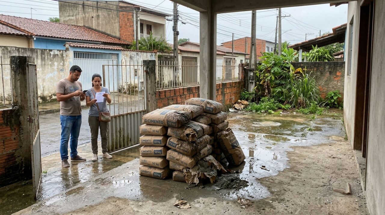 Família compra sacos de cimento para ampliar a varanda, entregador deixa a mercadoria em uma casa desocupada e parte do material endurece após a chuva, mas comprovante revela o endereço informado pela loja