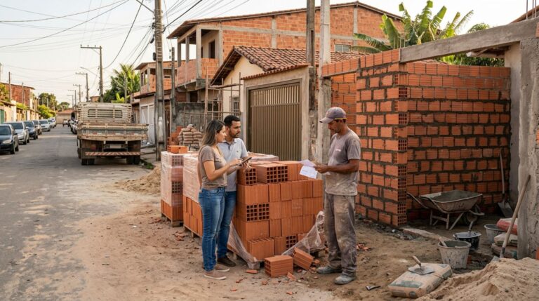 Família encomenda blocos cerâmicos para construir uma área de serviço, caminhão descarrega o pedido em uma obra da mesma rua e comprador descobre que parte do material já foi utilizada, mas recibo mostra quem recebeu a carga