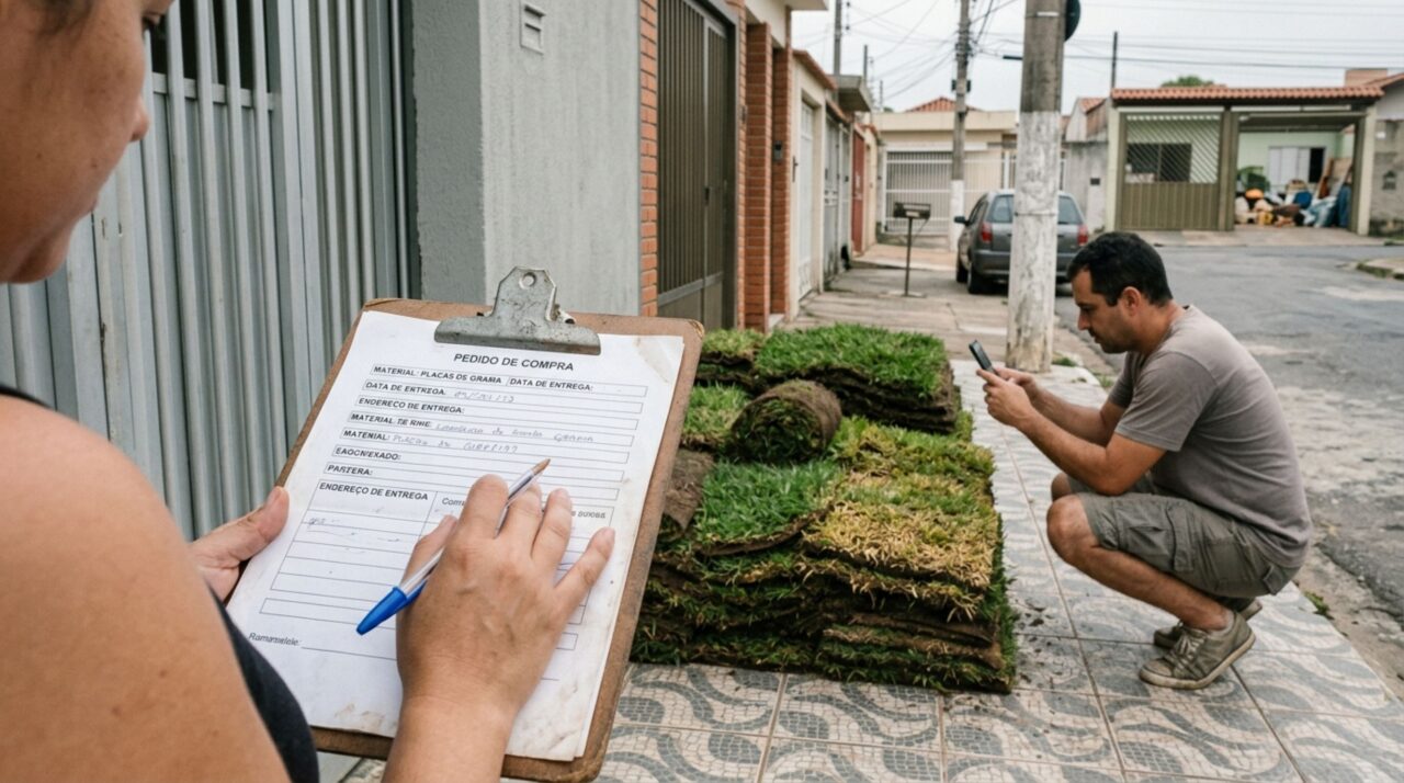 Casal compra placas de grama para reformar o quintal, transportadora deixa os rolos na calçada de outra residência e material começa a secar, mas registro da compra mostra a data e o local combinados