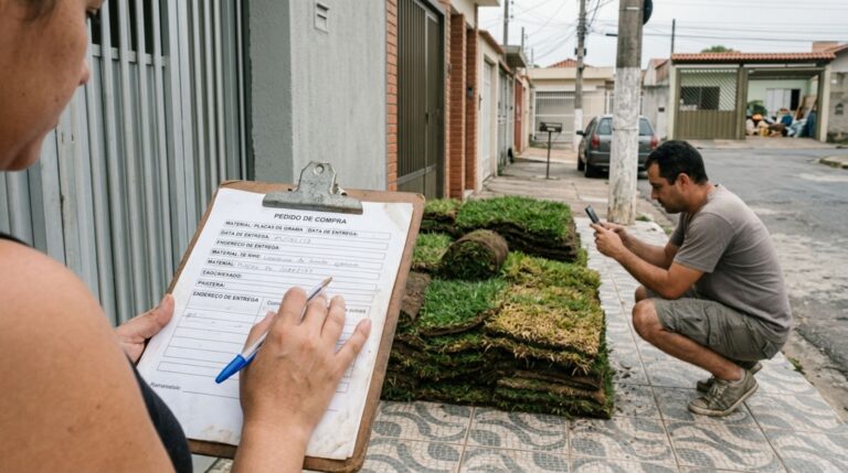 Casal compra placas de grama para reformar o quintal, transportadora deixa os rolos na calçada de outra residência e material começa a secar, mas registro da compra mostra a data e o local combinados