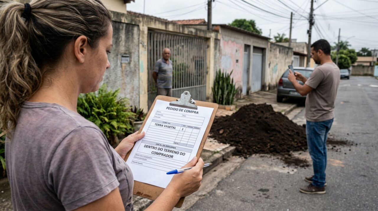 Casal encomenda terra vegetal para montar um jardim, caminhão despeja a carga sobre a entrada da garagem vizinha e morador cobra a limpeza, mas pedido de compra mostra uma orientação diferente para a descarga