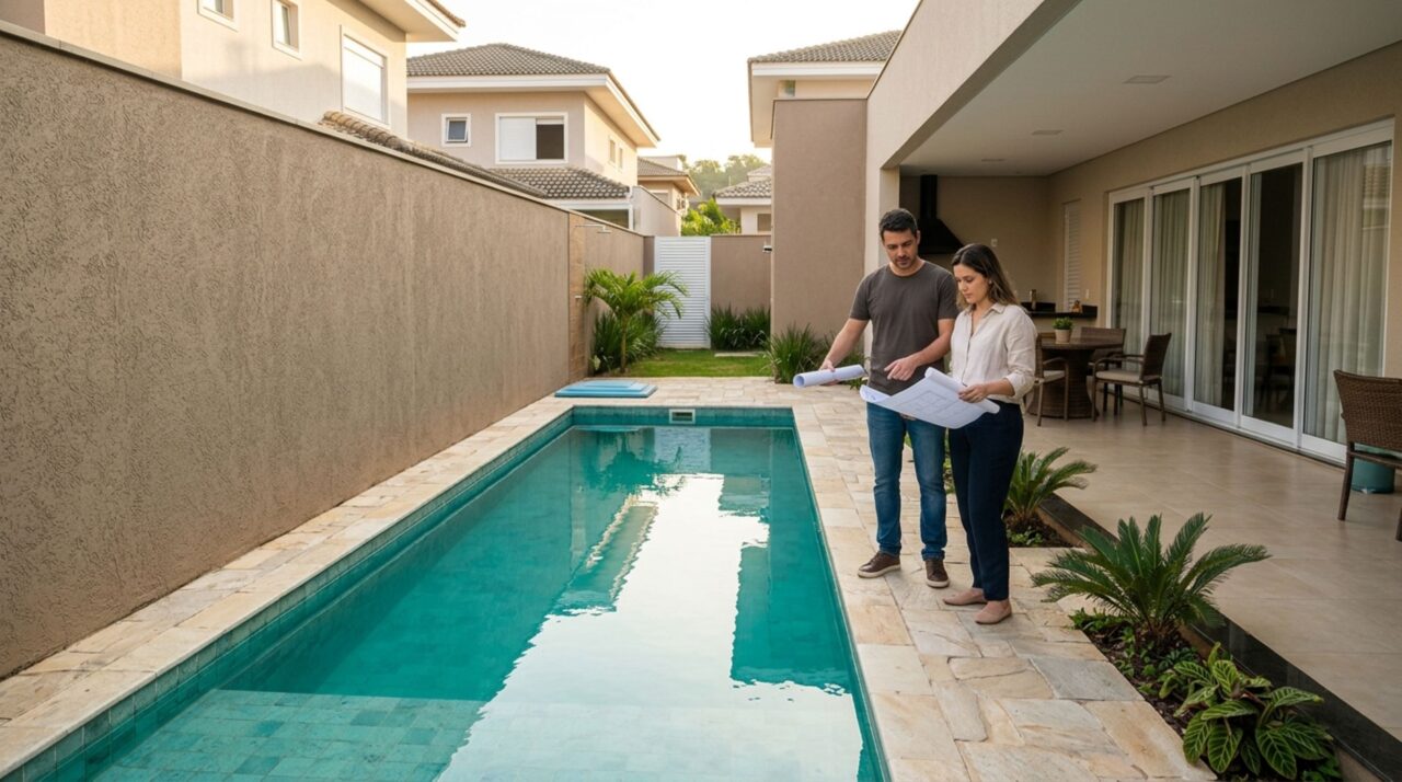 Casal compra um terreno em condomínio fechado, instala uma piscina no quintal e descobre que a construção ultrapassa o afastamento previsto nas regras do empreendimento