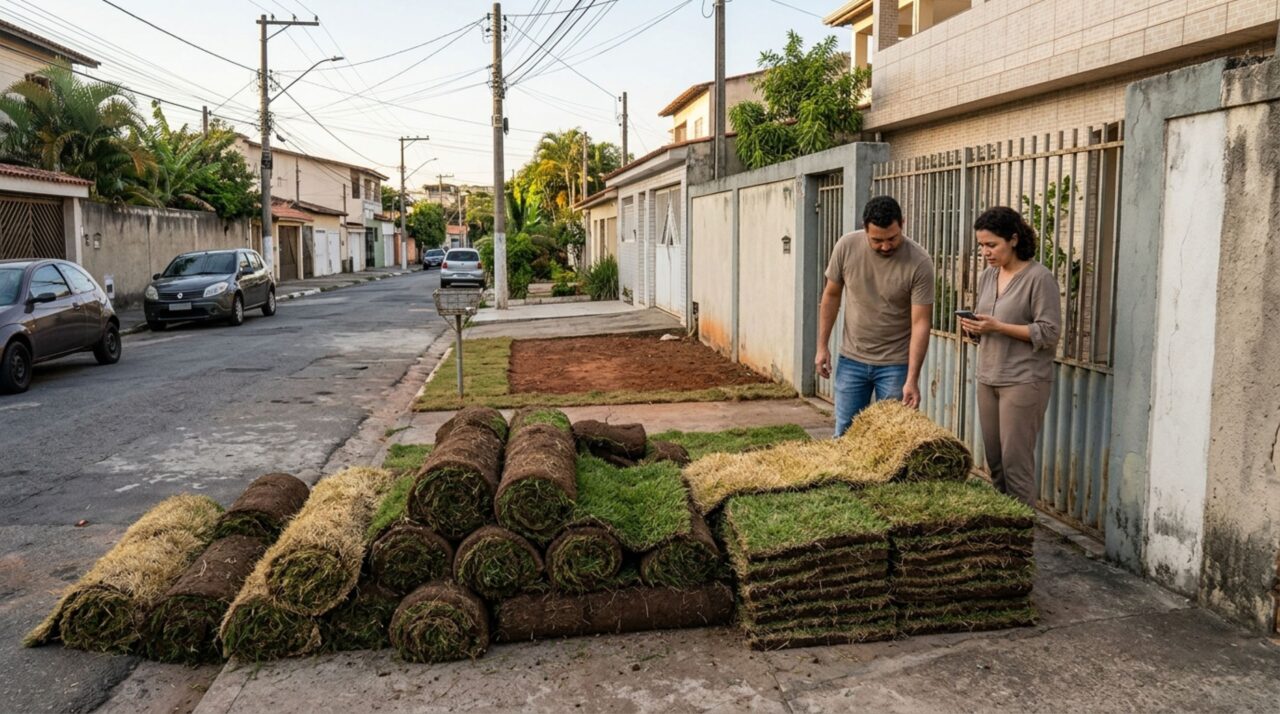 Casal compra placas de grama para reformar o quintal, transportadora deixa os rolos na calçada de outra residência e material começa a secar, mas registro da compra mostra a data e o local combinados
