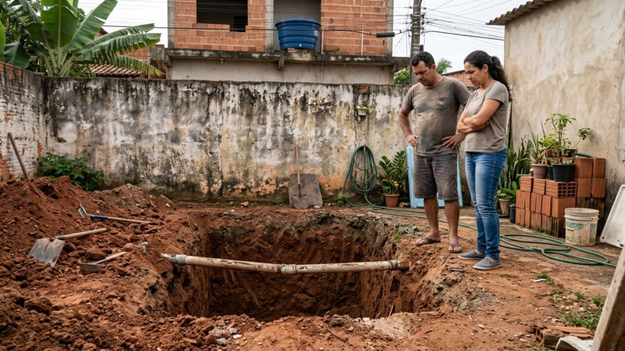 Obra de piscina revela um cano que abastece duas casas, e família recebe cobrança para pagar sozinha pela mudança da tubulação