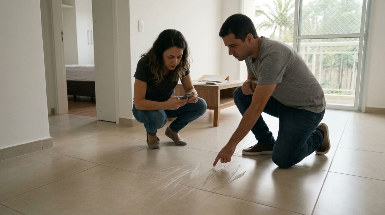 Casal instala um piso novo na sala, contrata a montagem de um guarda-roupa e encontra riscos profundos depois do serviço, mas as fotografias feitas antes da entrega e o registro da montagem mostram que as peças foram arrastadas sobre o revestimento