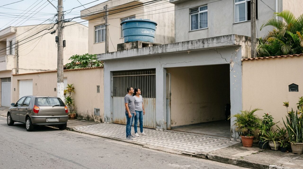 Família instala um reservatório de água no alto da garagem para evitar falta de abastecimento e percebe pequenas rachaduras surgindo nas paredes depois de encher a caixa