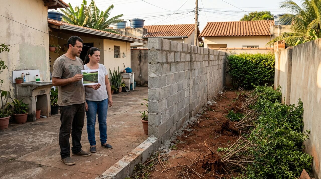 Casal encontra a cerca de sansão-do-campo retirada e uma parede erguida em seu lugar, exige conferência da divisa e cobra reparação porque a nova construção também ocupou parte do jardim