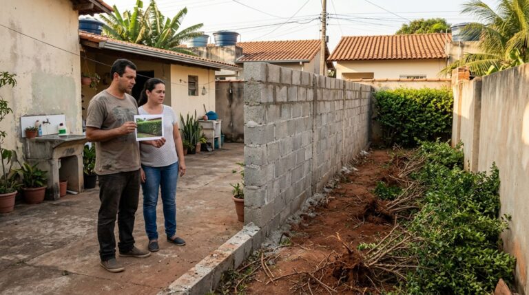 Casal encontra a cerca de sansão-do-campo retirada e uma parede erguida em seu lugar, exige conferência da divisa e cobra reparação porque a nova construção também ocupou parte do jardim