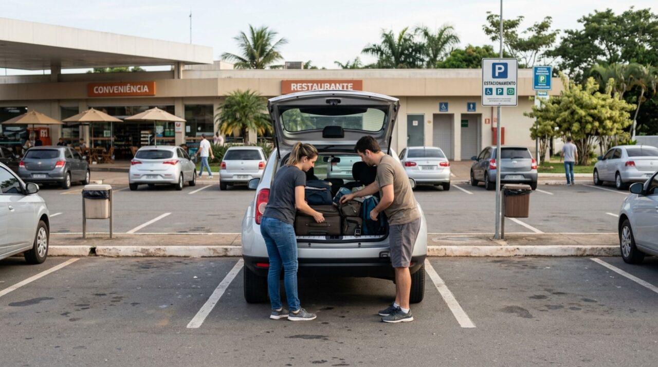 Casal estaciona perto de uma praça de pedágio para reorganizar as malas e descobre que a área operacional não é um ponto de parada para viajantes
