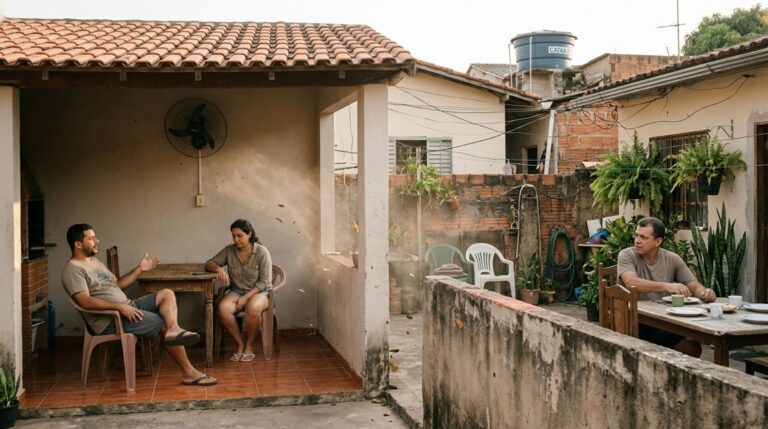 Casal instala um ventilador de parede na área gourmet para amenizar o calor, e morador ao lado percebe que o vento espalha folhas e poeira sobre sua mesa externa