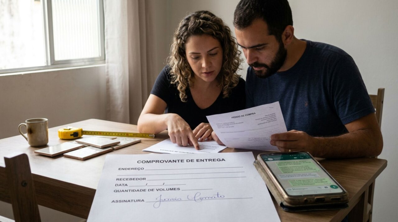 Casal compra pisos de porcelanato para reformar a cozinha, transportadora entrega todas as caixas na casa vizinha e proprietário exige pagamento pelo armazenamento, mas comprovante mostra quem assinou o recebimento