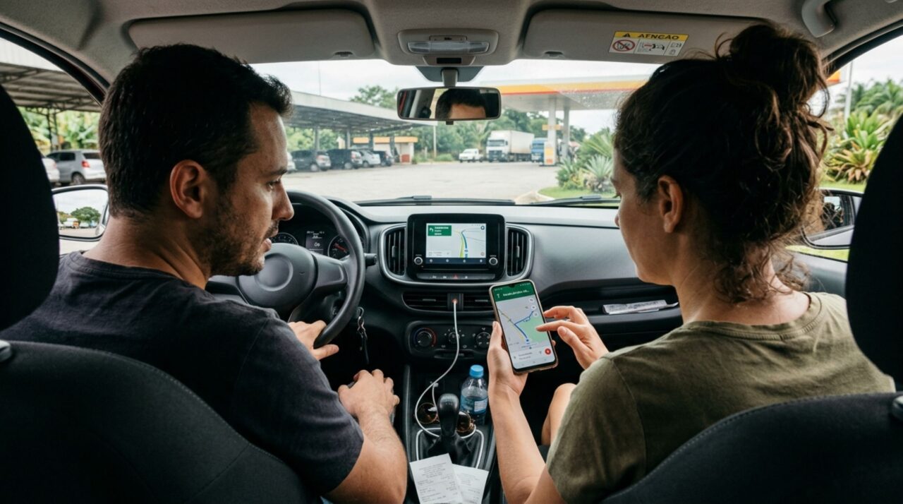 Casal para o carro no acostamento de uma rodovia para consultar o GPS após errar a saída e descobre que estar perdido não autoriza estacionar em qualquer lugar