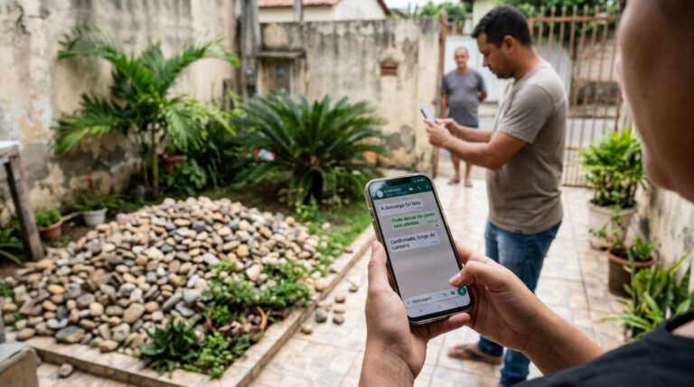 Família encomenda pedras decorativas para reformar a entrada da casa, caminhão despeja toda a carga sobre o jardim do vizinho e proprietário exige o reparo das plantas, mas mensagens mostram quem autorizou a descarga