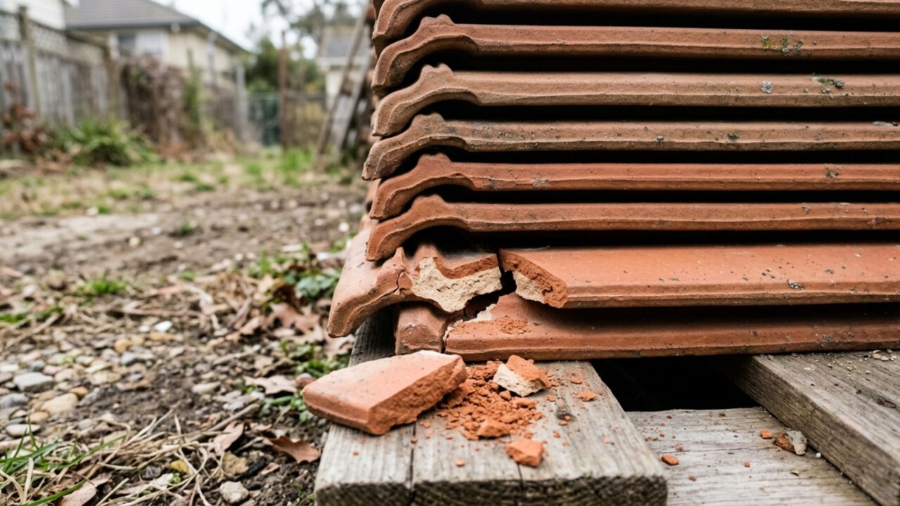 Carga de telhas parece inteira por cima, mas moradora encontra dezenas de peças quebradas depois de assinar a entrega e desmontar a pilha