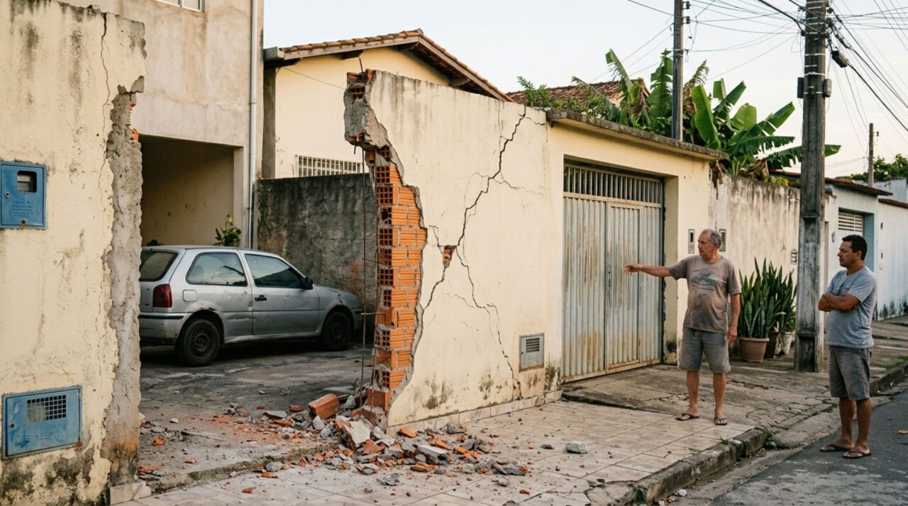 Mulher chega do trabalho e descobre que o vizinho retirou pilares do muro compartilhado para ampliar a passagem de carros, enquanto surgem rachaduras no trecho que permaneceu