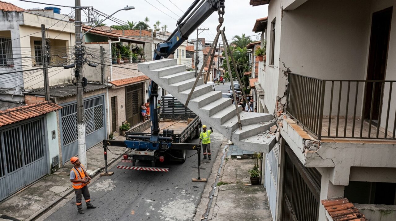 Proprietário encomenda uma escada pré-moldada para reformar a casa, guindaste quebra parte da sacada vizinha durante a entrega e empresa culpa o comprador, mas ordem de serviço mostra quem escolheu o ponto de descarga