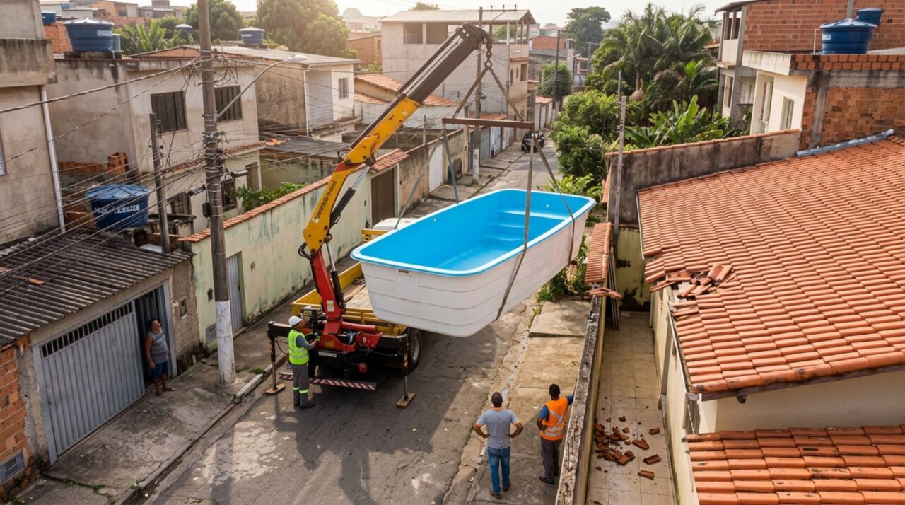 Família encomenda uma piscina de fibra para instalar no quintal, caminhão com guindaste atinge o telhado da casa vizinha e proprietário recebe cobrança pelo conserto, mas gravação mostra quem comandava a operação