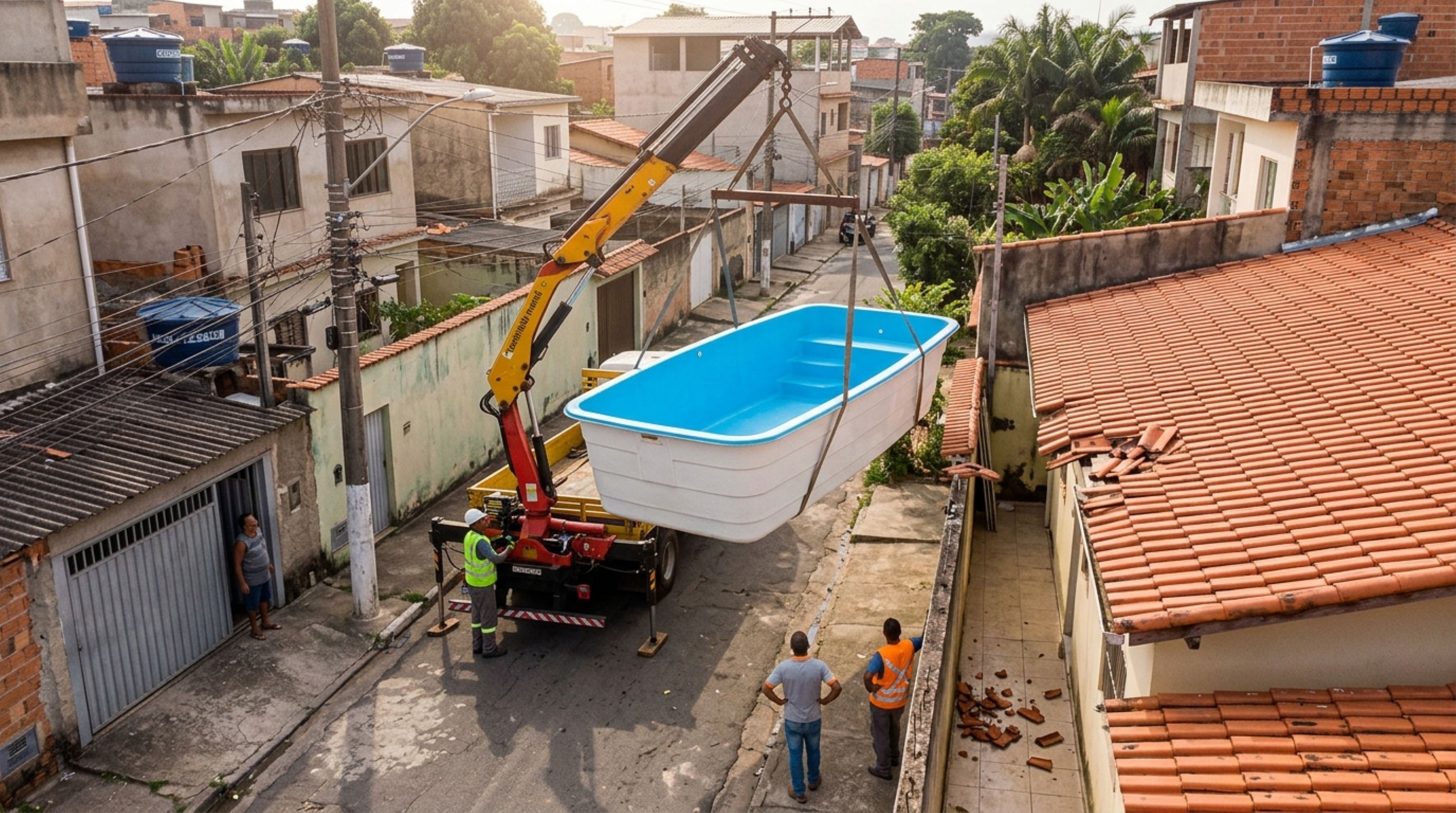 Família encomenda uma piscina de fibra para instalar no quintal, caminhão com guindaste atinge o telhado da casa vizinha e proprietário recebe cobrança pelo conserto, mas gravação mostra quem comandava a operação