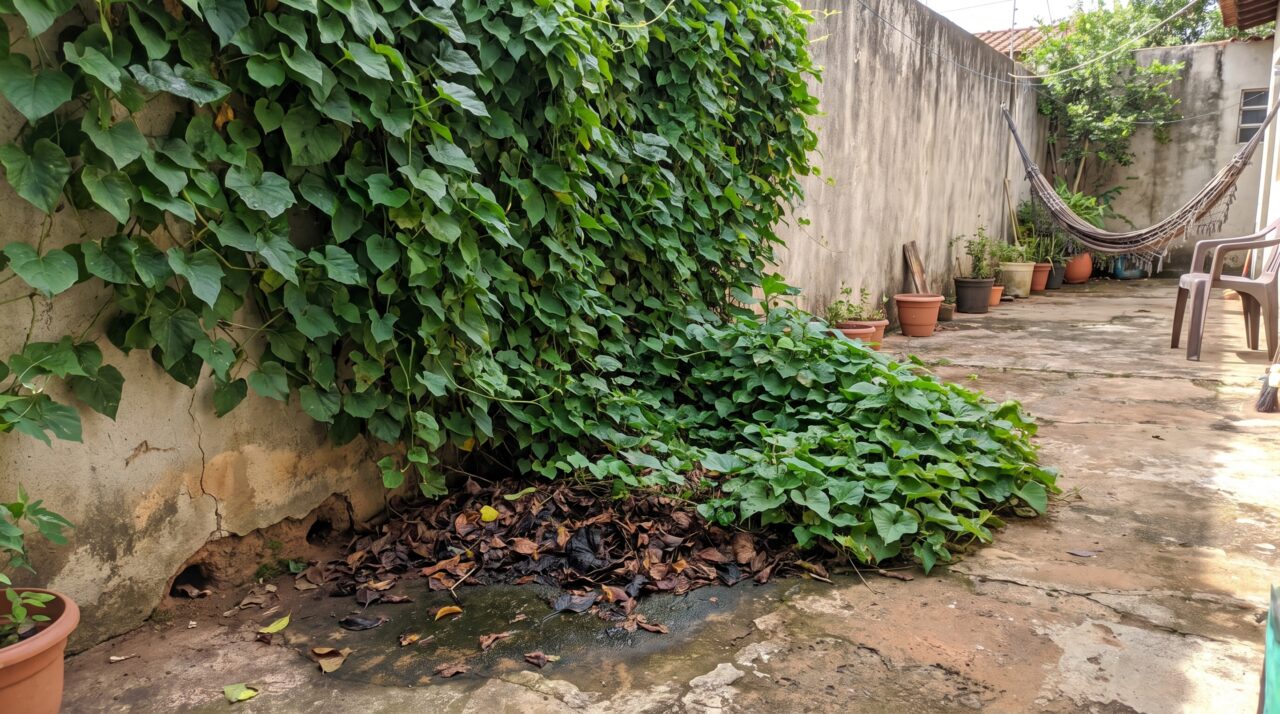 Trepadeira cresce bonita encostada no muro, mas a vegetação muito densa junto à casa pode criar esconderijos que ninguém percebe