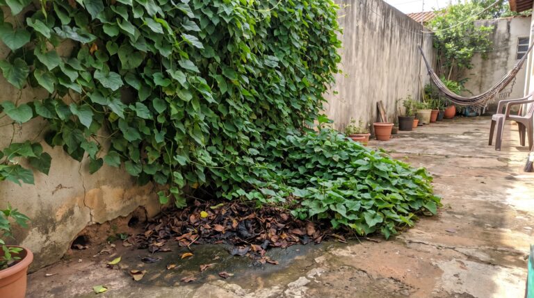 Trepadeira cresce bonita encostada no muro, mas a vegetação muito densa junto à casa pode criar esconderijos que ninguém percebe