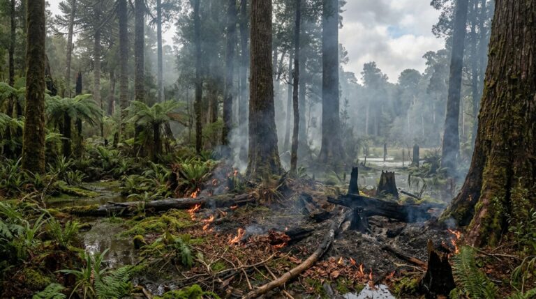 Reconstrução hipotética de um incêndio superficial nas florestas úmidas que existiam na Antártida há aproximadamente 90 milhões de anos