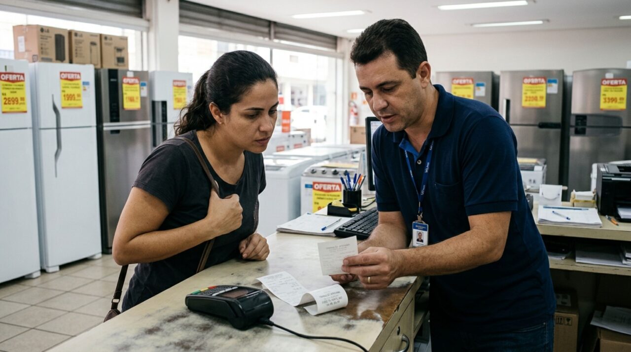 Consumidora compra uma geladeira em dez parcelas, percebe duas cobranças iguais na fatura e ouve da loja que apenas uma venda foi concluída, mas os comprovantes da máquina de cartão revelam duas transações aprovadas com poucos minutos de diferença
