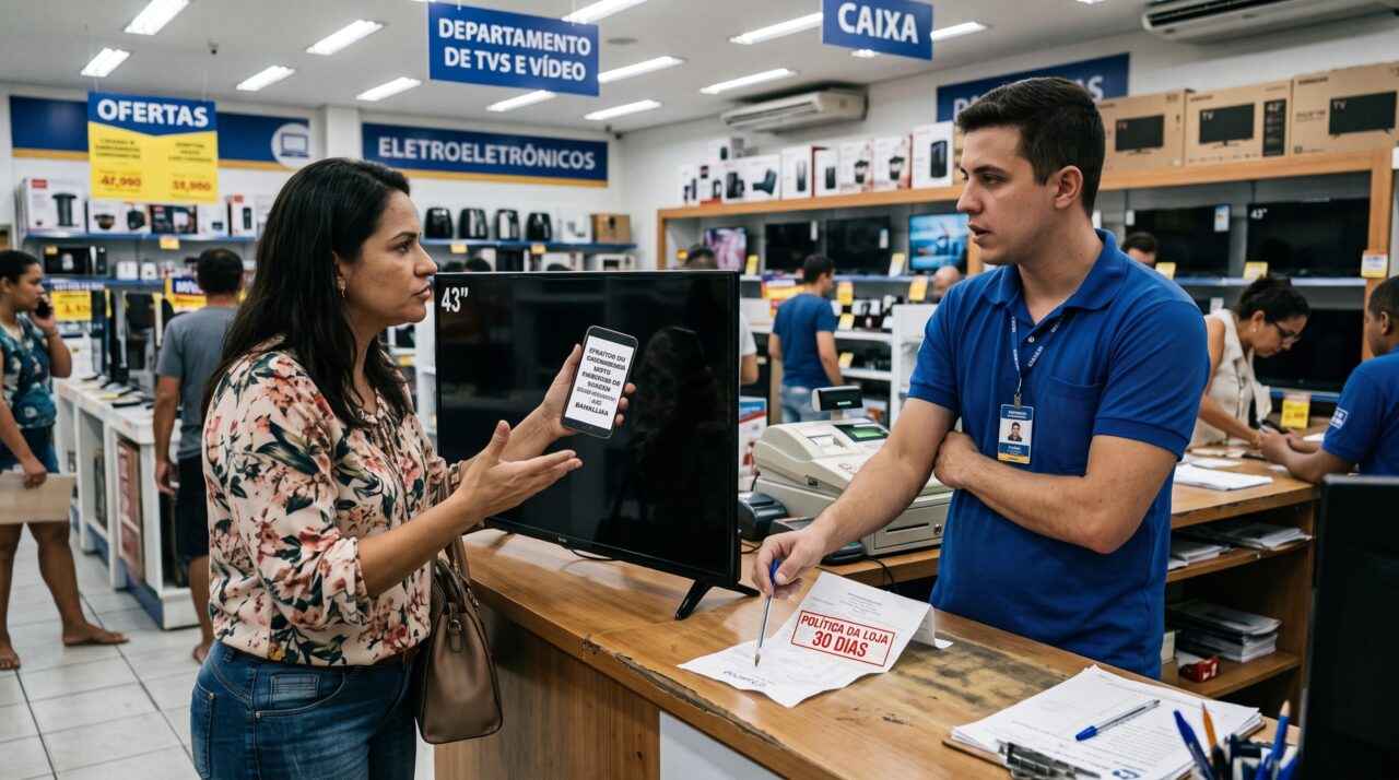Comprador volta à loja com uma televisão defeituosa após 70 dias e descobre que os 30 dias prometidos pelo vendedor não encerravam toda a garantia