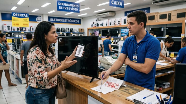 Comprador volta à loja com uma televisão defeituosa após 70 dias e descobre que os 30 dias prometidos pelo vendedor não encerravam toda a garantia