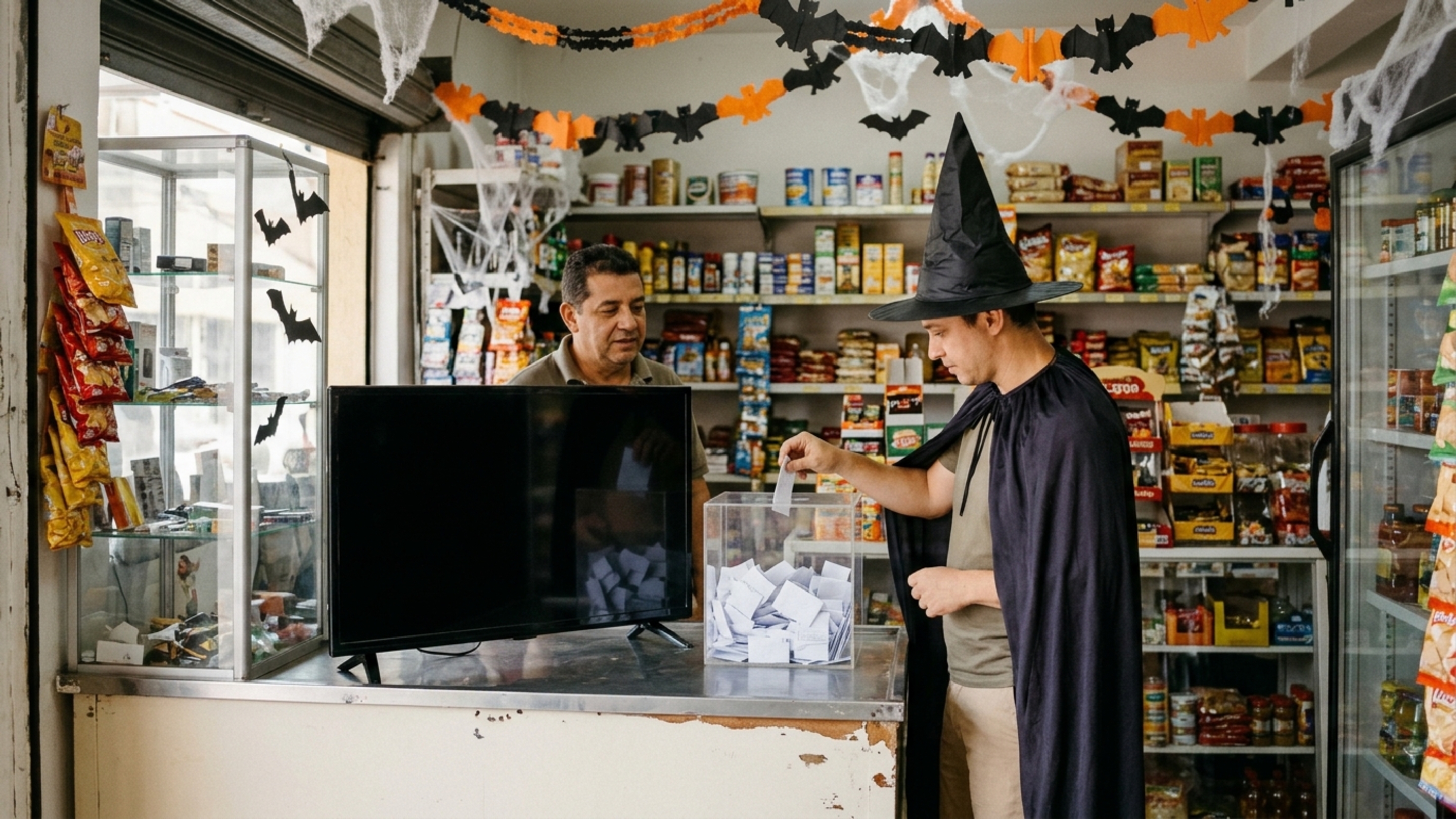 Dono de uma loja anuncia um sorteio de Halloween com uma televisão para os clientes fantasiados e descobre que oferecer o prêmio pode exigir autorização do Ministério da Fazenda