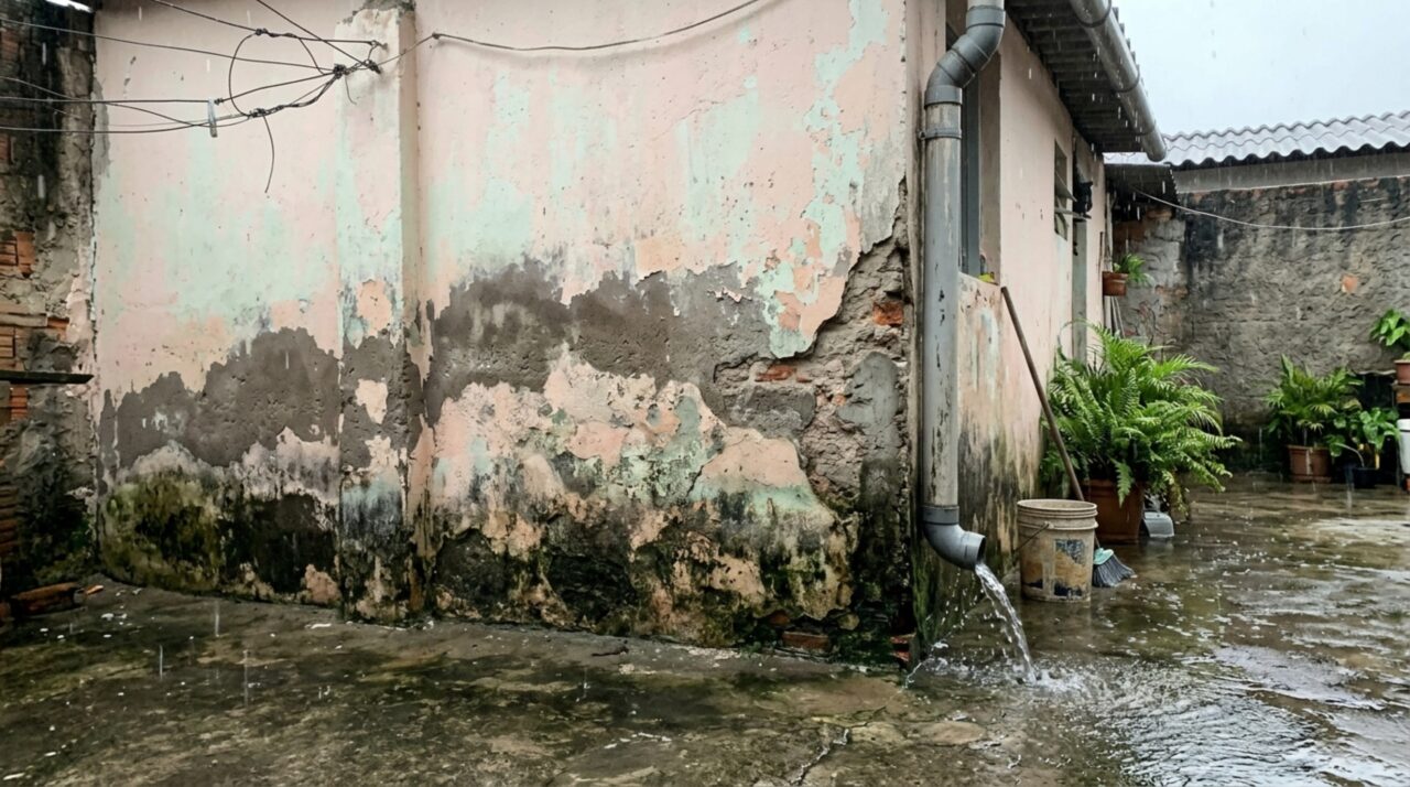 Parede de quintal com manchas de infiltração, reboco danificado e água acumulada no piso próximo à saída de uma calha.