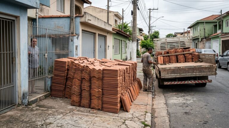 Família encomenda telhas para substituir a cobertura da casa, caminhão descarrega o material na calçada do vizinho e morador exige a retirada imediata, mas mensagens revelam onde a entrega deveria acontecer