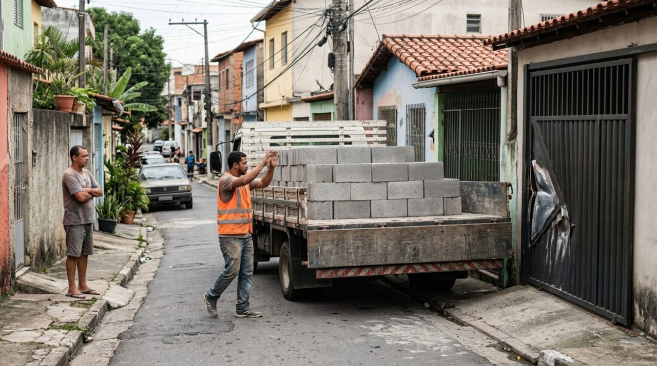 Família compra blocos de concreto para levantar um muro, caminhão da loja quebra o portão do vizinho durante a descarga e proprietário recebe cobrança pelo conserto, mas imagens mostram quem orientou a manobra