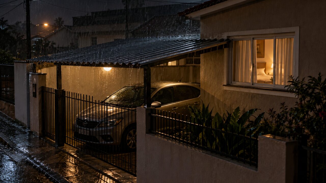 Depois de cobrir a garagem com telhas metálicas para proteger o carro da chuva, casal percebe que o barulho das gotas chega ao quarto encostado na estrutura e interrompe o descanso durante a madrugada