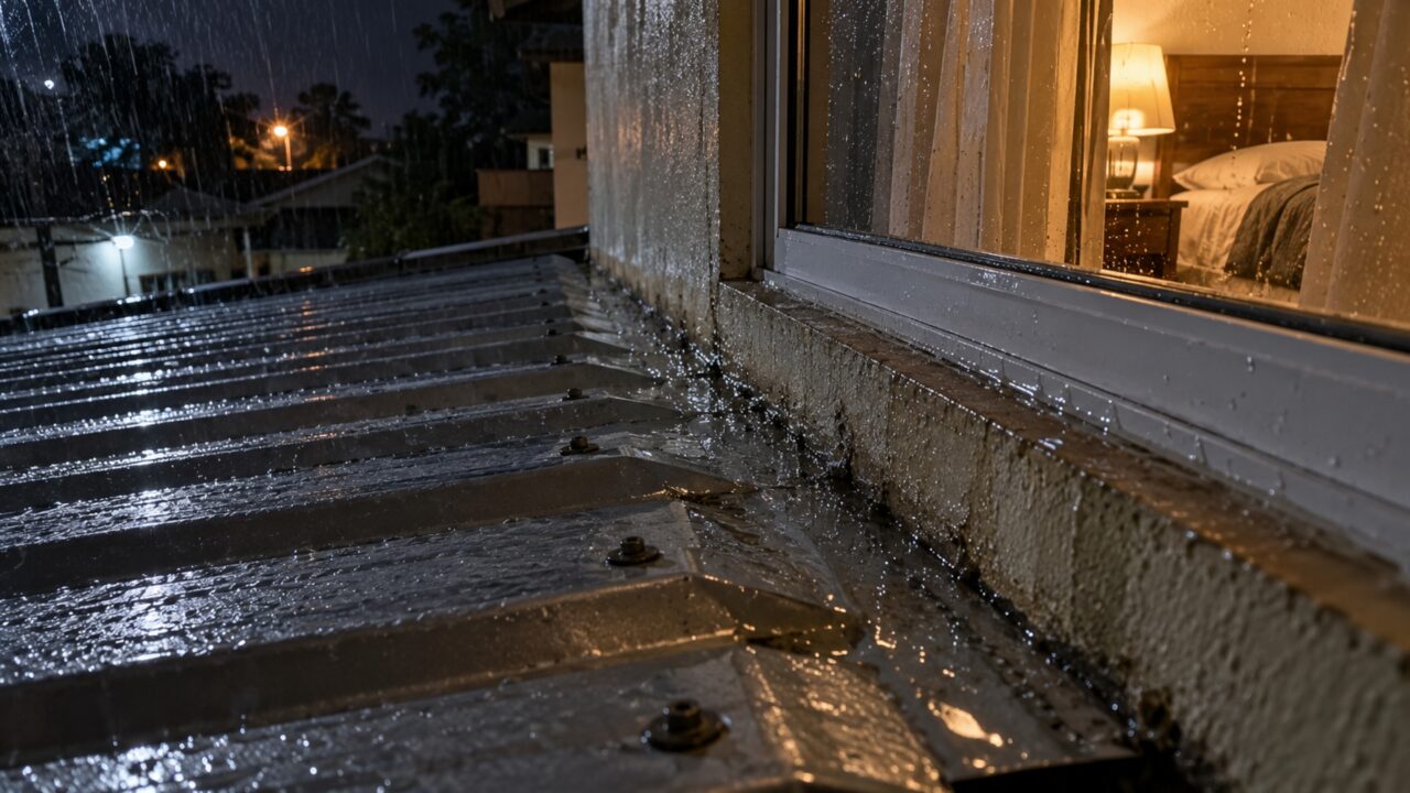Depois de cobrir a garagem com telhas metálicas para proteger o carro da chuva, casal percebe que o barulho das gotas chega ao quarto encostado na estrutura e interrompe o descanso durante a madrugada