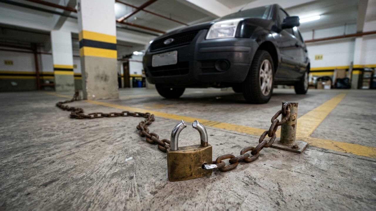 Depois de colocar uma corrente na vaga, aposentado encontra o cadeado cortado e um carro estacionado no espaço que acreditava ter comprado com o apartamento
